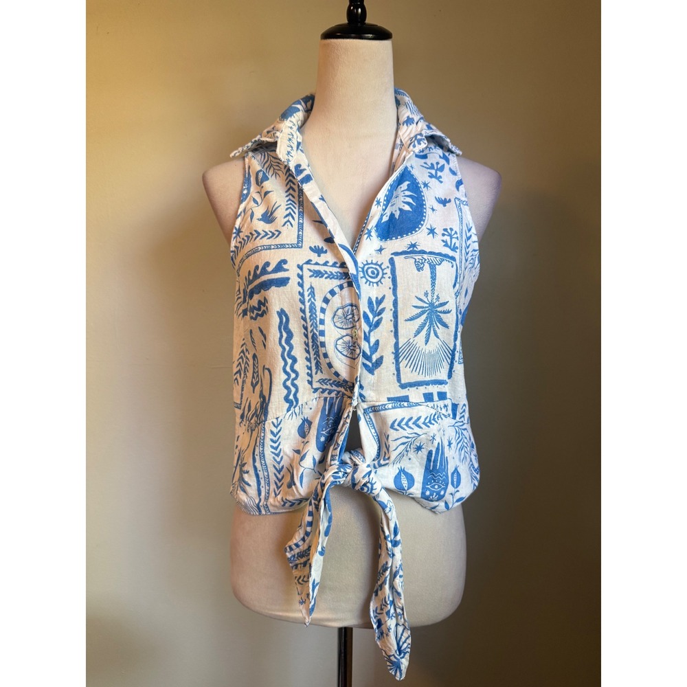 Calypso blue white boho resort hamsa palm seashell whimsi Y2K beach linen top M